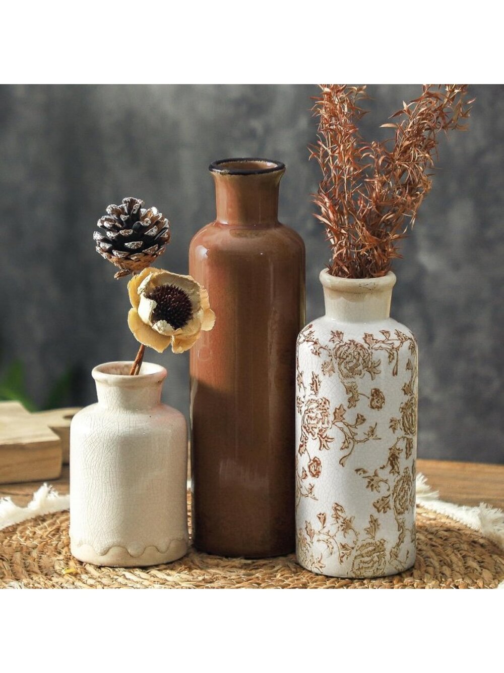 Ceramic Vintage Flower Rustic Vase Set of 3 Chinoiserie Floral Farmhouse Decor